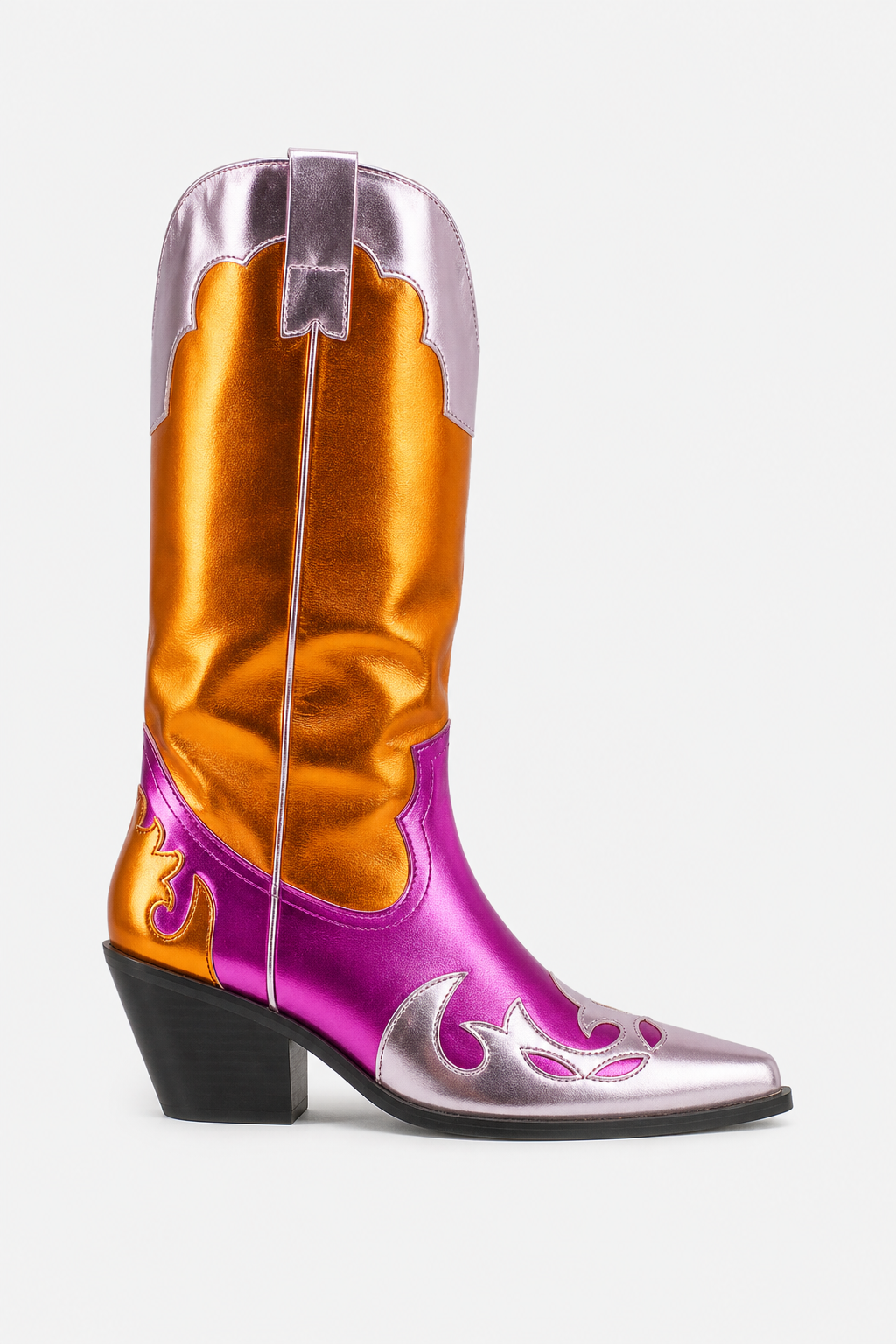 Bottes Santiags Métallisées Orange Fushia à Motifs Flammes