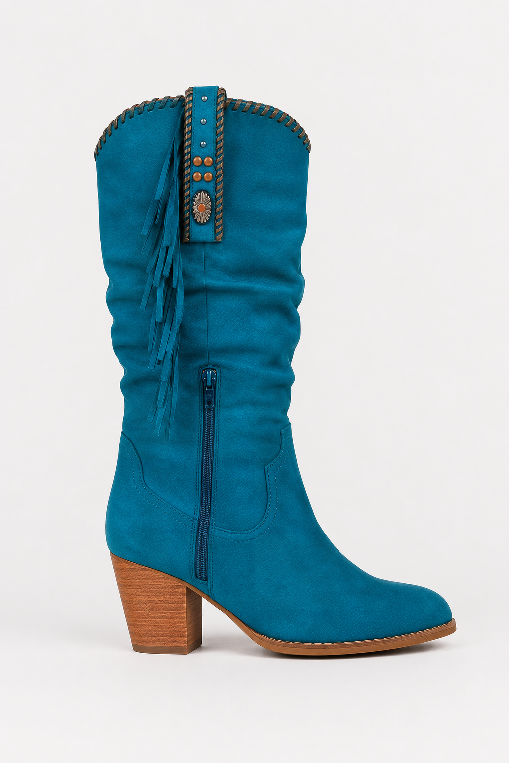 Bottes Froncées en Daim Bleu Canard à Franges