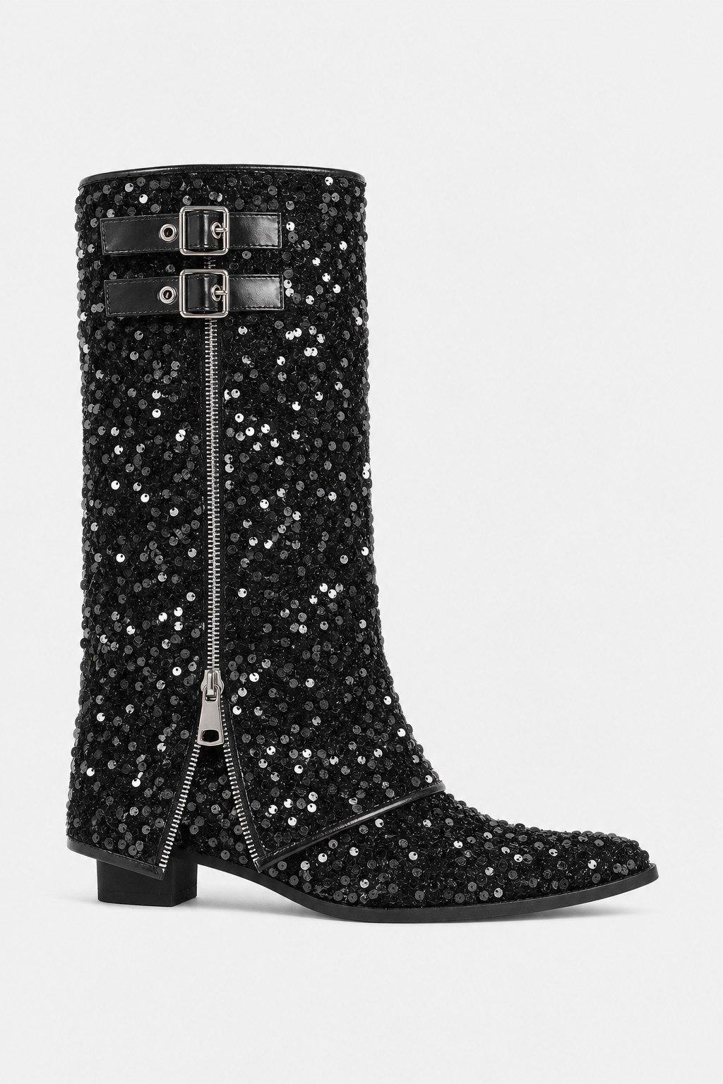 Bottes Santiags Pailletées Noires à Boucles