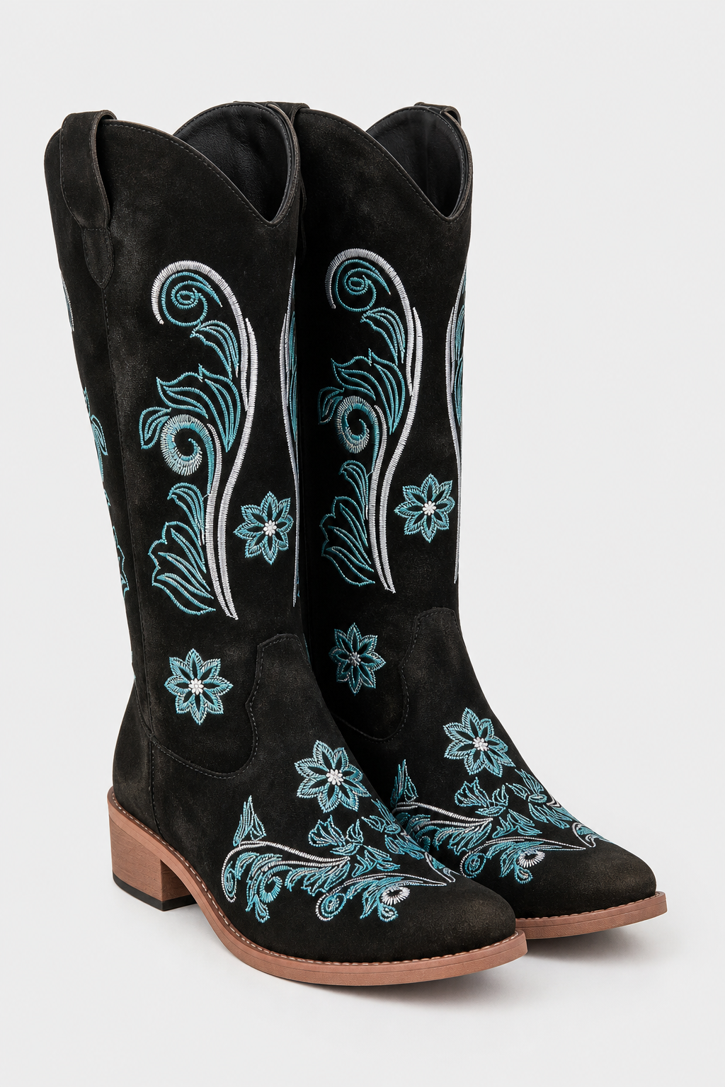 Bottes Santiags en Suédine Noires à Motifs Floraux
