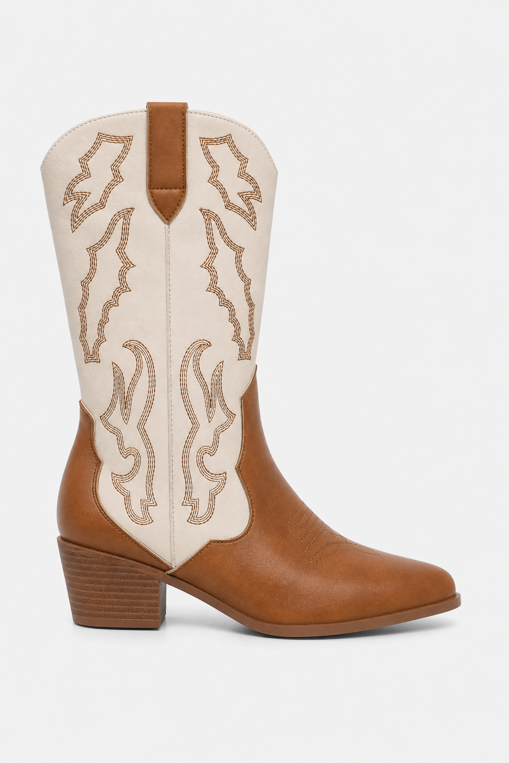 Bottes Santiags en Similicuir Crème et Cognac à Broderies