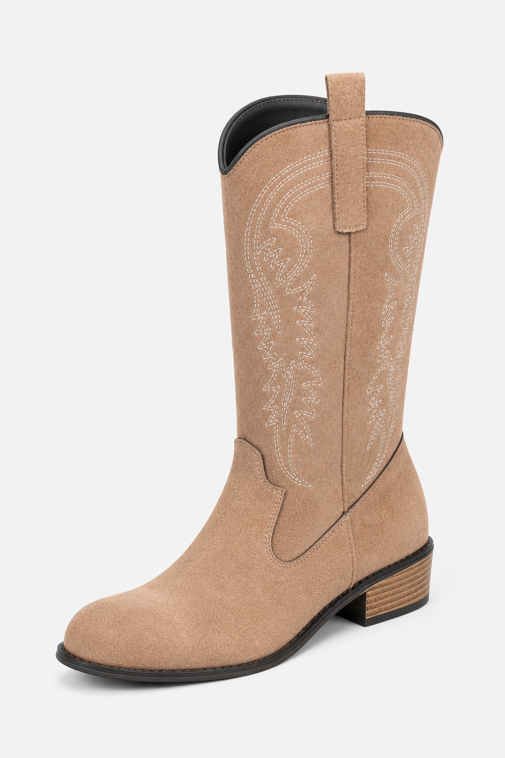 Bottes Mi-Mollet en Daim Beige à Broderies Western