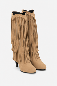 Bottes Hautes en Daim Beige à Franges et Talon