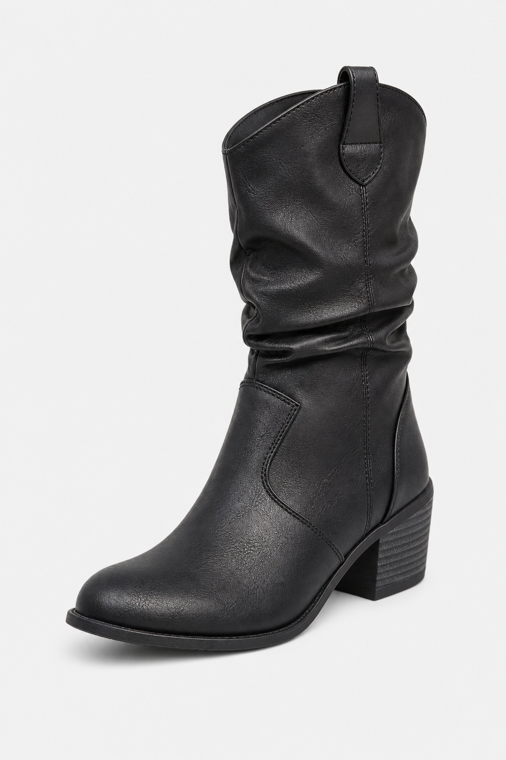 Bottes en Similicuir Noir Froncées à Talon Carré