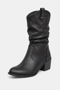 Bottes en Similicuir Noir Froncées à Talon Carré