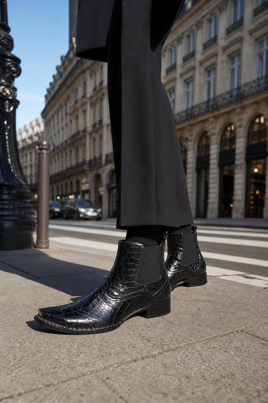 Bottines Homme Noires Façon Croco à Bout Pointu Métal