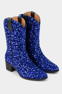 Bottes Santiags à Paillettes Bleu Royal à Talon de 5 cm