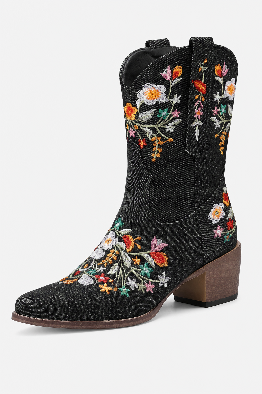 Bottes Santiags Noires à Motifs Floraux Brodés