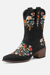 Bottes Santiags Noires à Motifs Floraux Brodés
