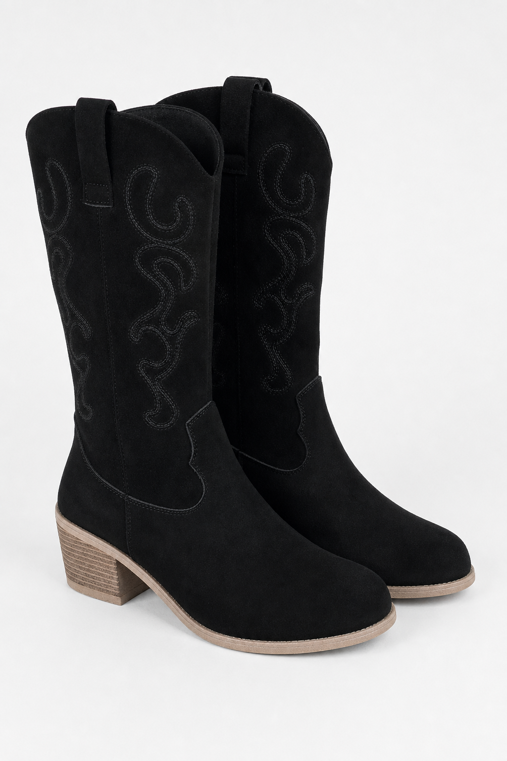 Bottes Santiags en Daim Noir Brodées à Talon Carré