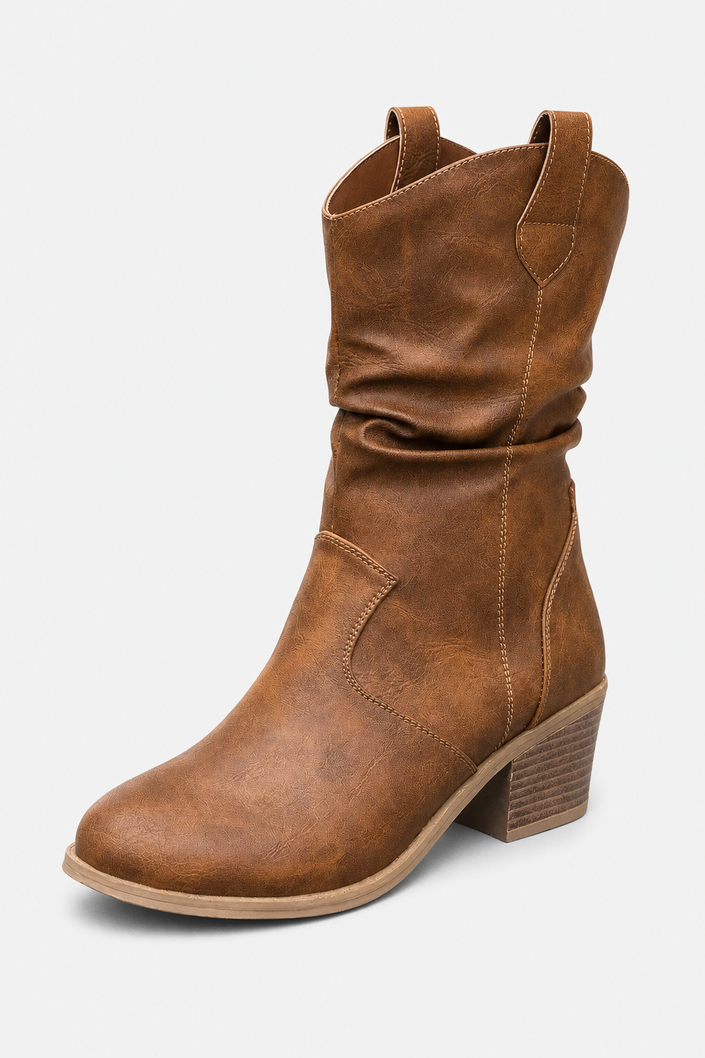 Bottines Style Western en Similicuir Camel Froissé