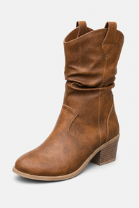 Bottines Style Western en Similicuir Camel Froissé