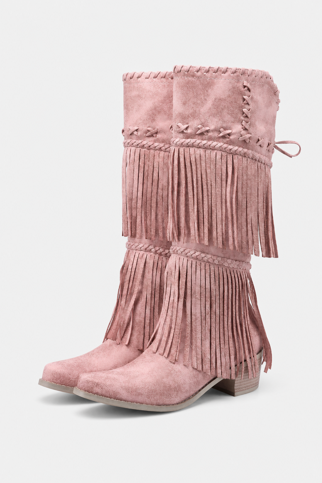 Bottes Santiags en Similicuir Rose Poudré à Franges