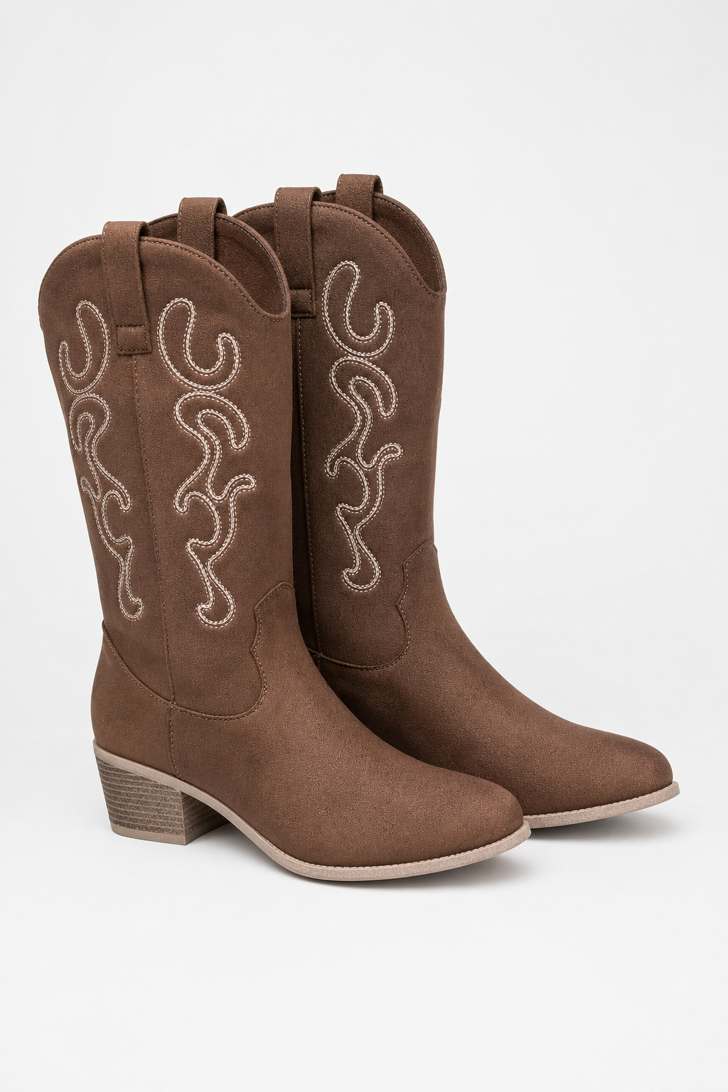 Bottes Santiags Marron à Broderies Blanches Mi-Mollet