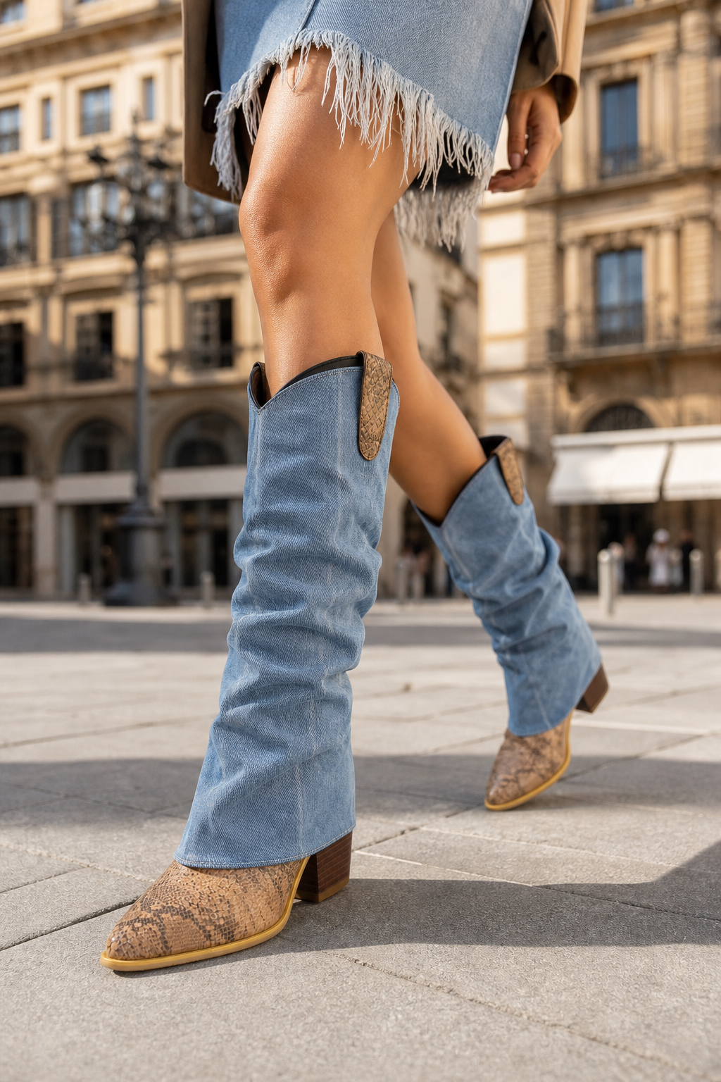 Bottes Santiags Plissées en Jean Délavé et Serpent