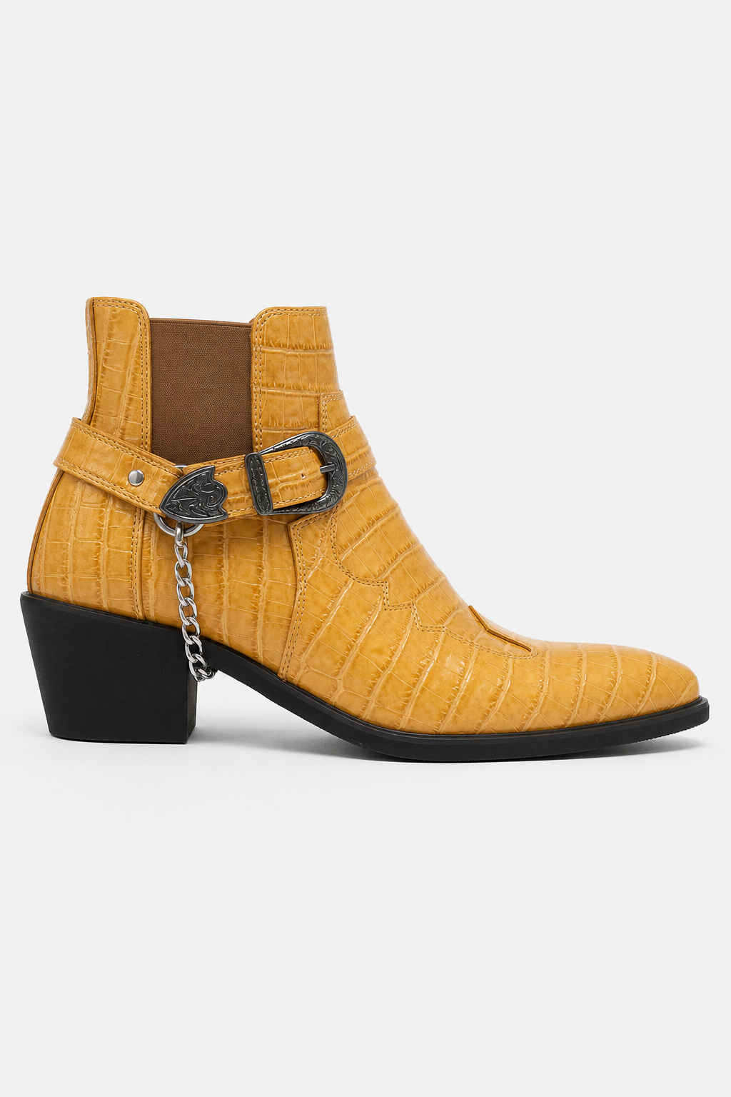 Bottines Santiags Basses Jaune Effet Croco à Chaîne