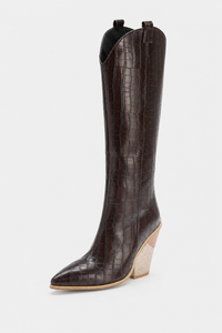 Bottes Hautes Façon Croco Marron et Talon Biseauté