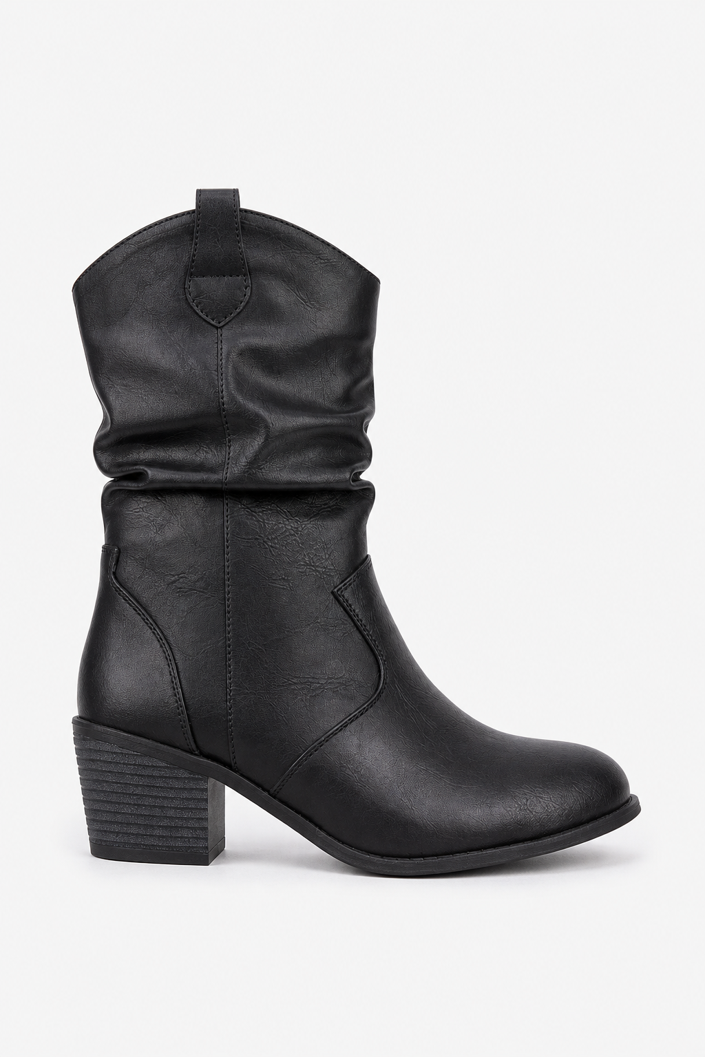 Bottes en Similicuir Noir Froncées à Talon Carré