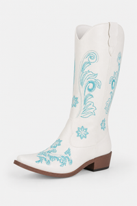 Bottes Santiags Blanches à Broderie Florale Bleu Ciel