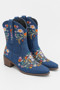 Bottines Santiags en Jean Bleu à Broderies Florales