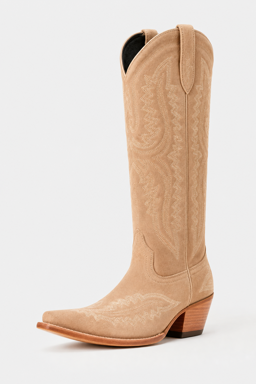 Bottes Santiags Hautes en Daim Beige Brodé