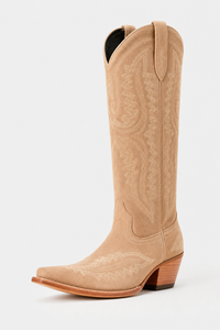 Bottes Santiags Hautes en Daim Beige Brodé