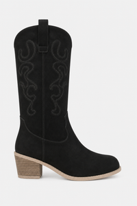 Bottes Santiags en Daim Noir Brodées à Talon Carré