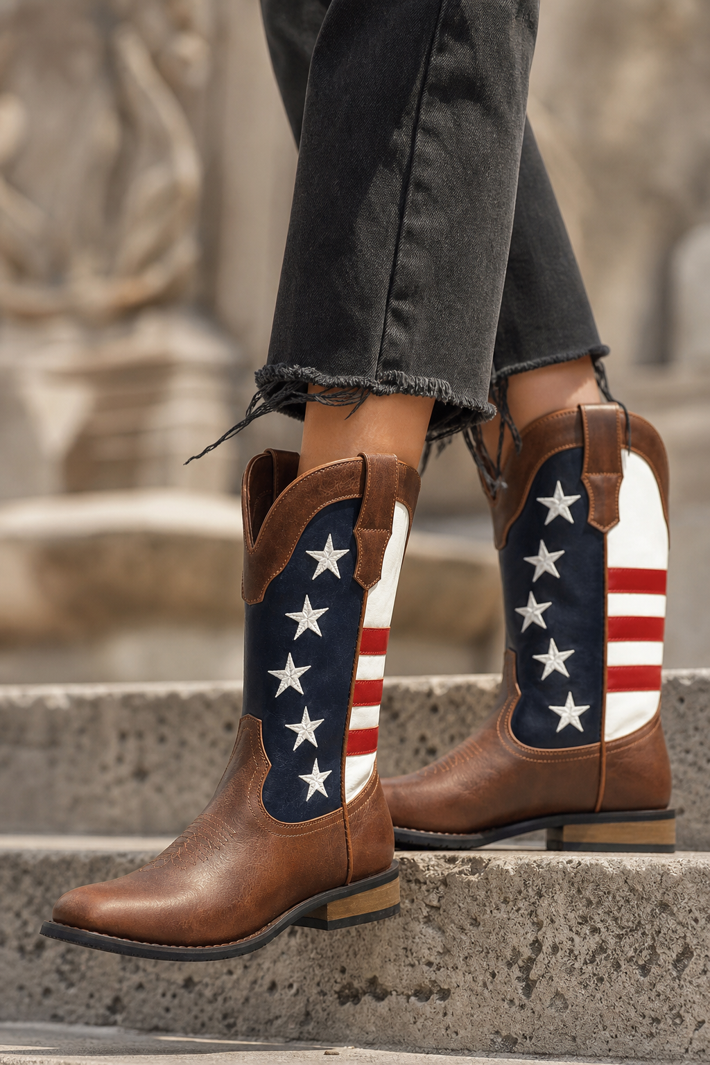 Bottes Western en Similicuir Marron et Drapeau US