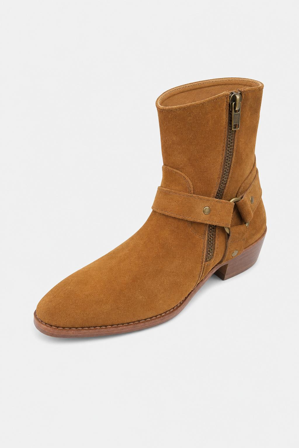 Bottines Pointues en Daim Camel avec Harnais