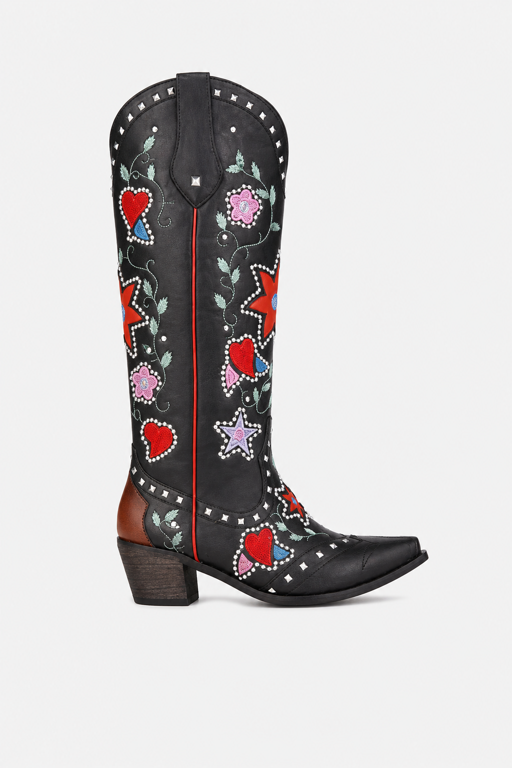 Bottes Santiags Noires à Broderies Étoiles et Fleurs