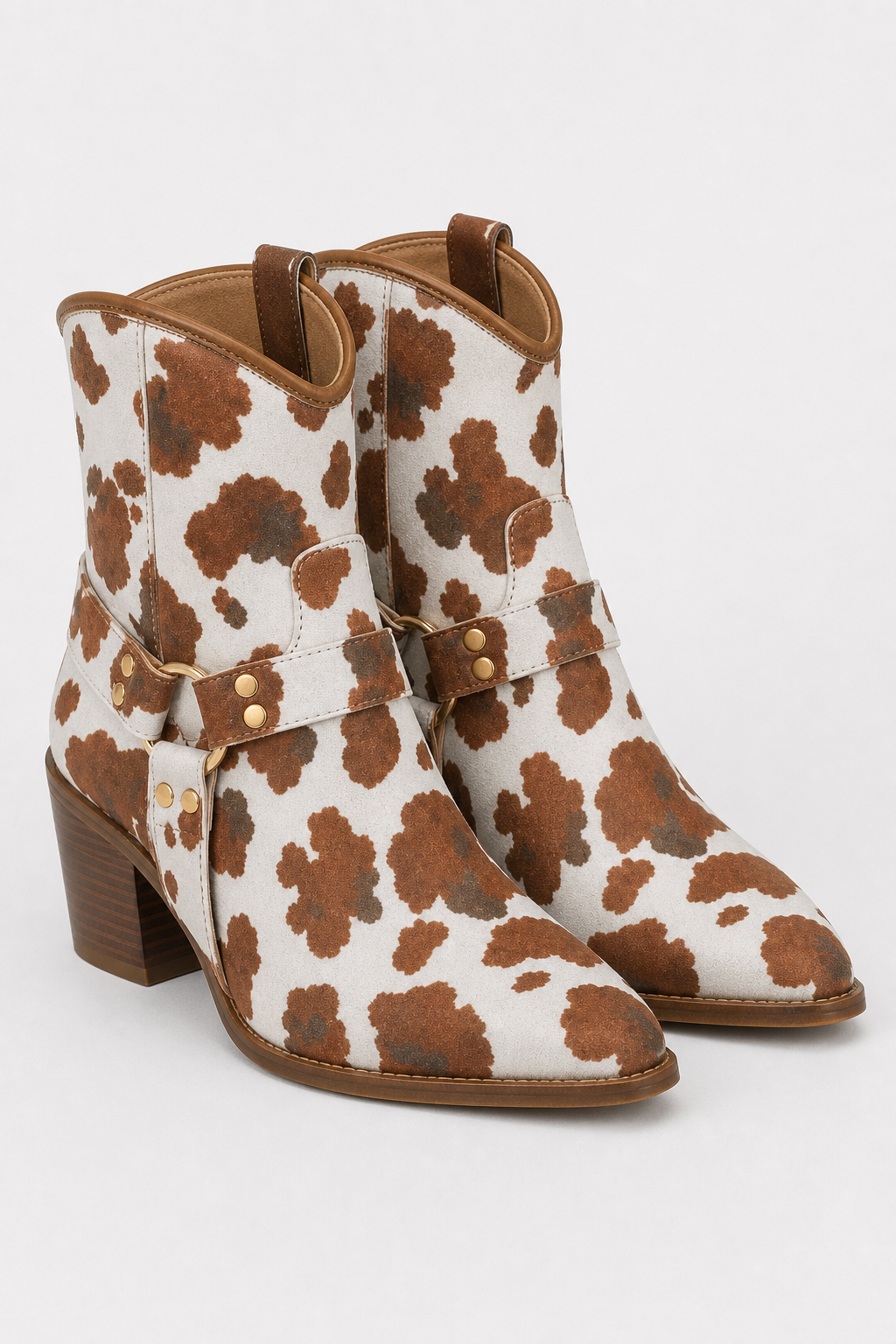 Bottes Santiags Basses à Motif Vache Blanc et Marron