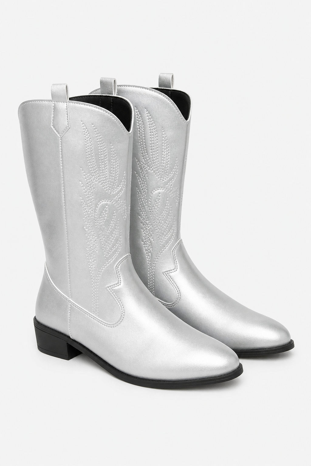 Bottes Mi-Mollet Argentées à Broderies Western