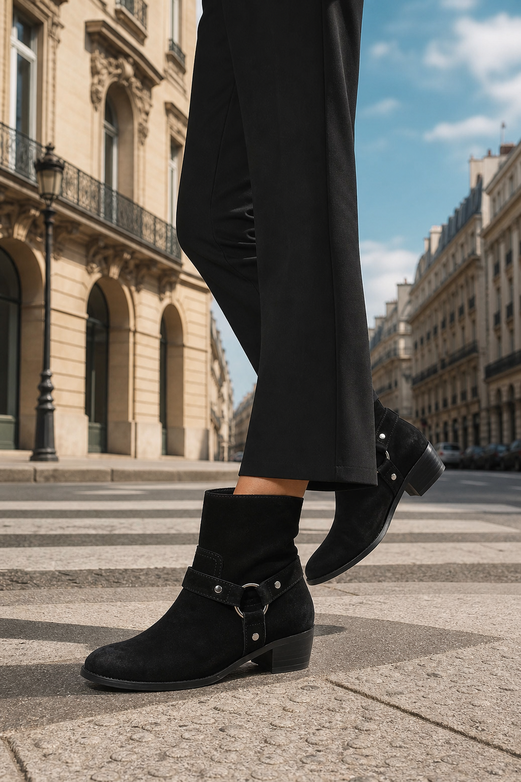 Bottines en Daim Noir à Bride Harnais et Anneau