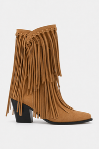 Bottines Country en Daim Camel à Franges Mi-Mollet