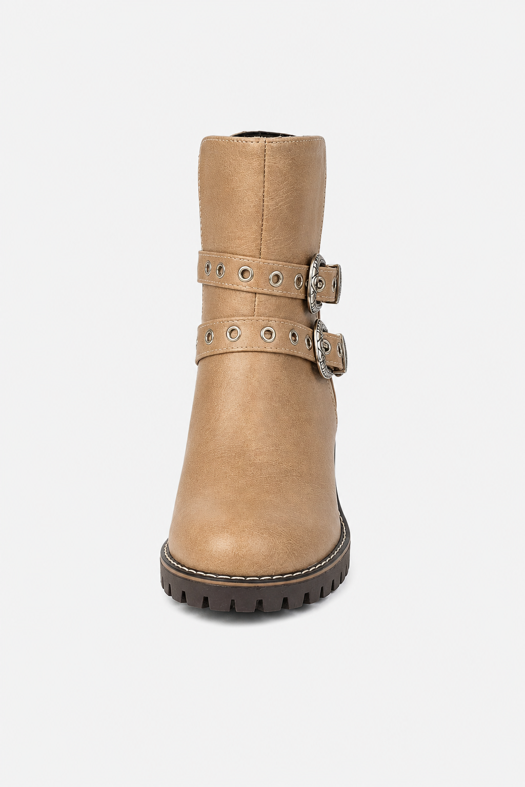 Bottines Biker en Similicuir Beige à Boucles Ornées