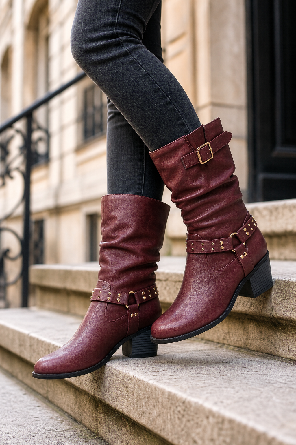 Bottes en Similicuir Bordeaux Plissées à Sangle Cloutée Mi-Mollet