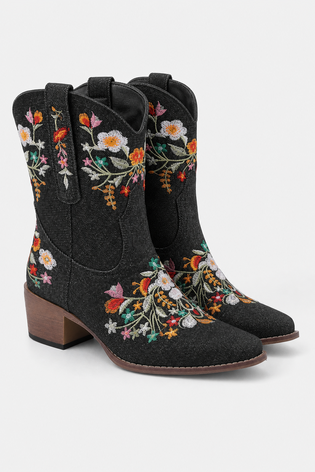 Bottes Santiags Noires à Motifs Floraux Brodés
