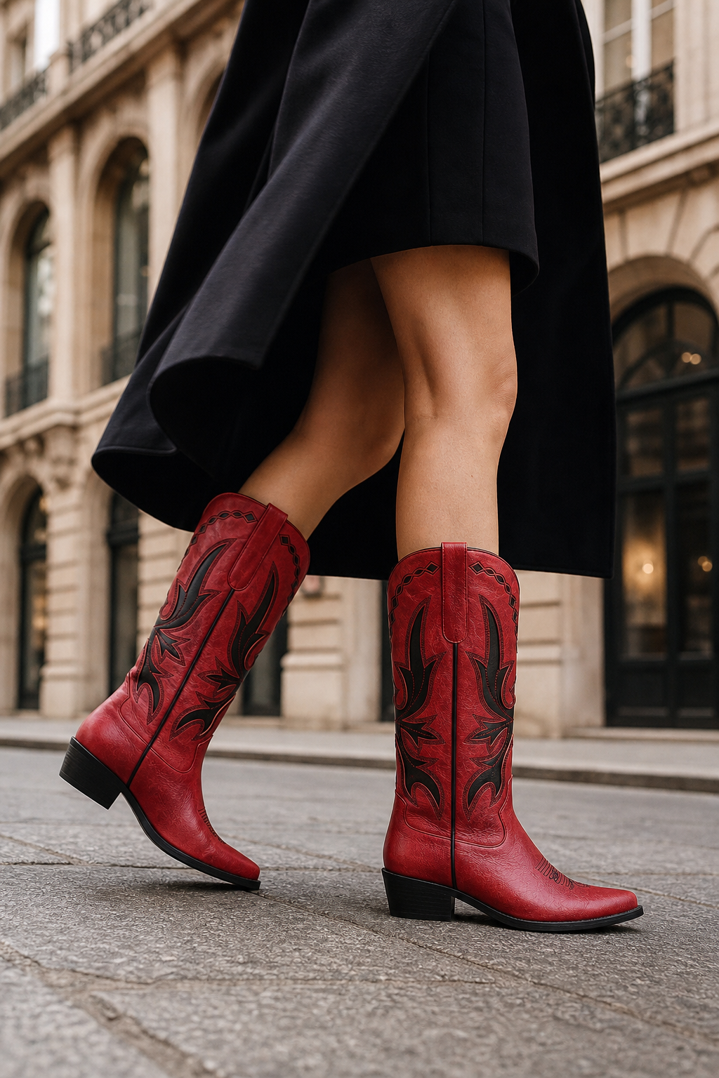 Bottes Santiags Rouges à Motifs Western Noirs