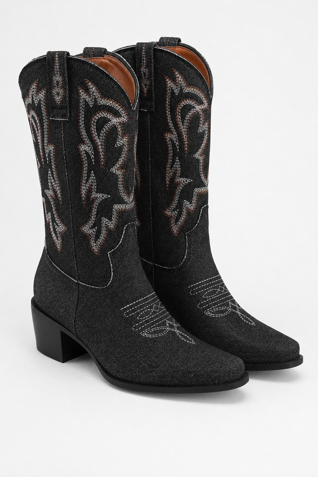 Bottes Santiags en Denim Noir à Broderies Western
