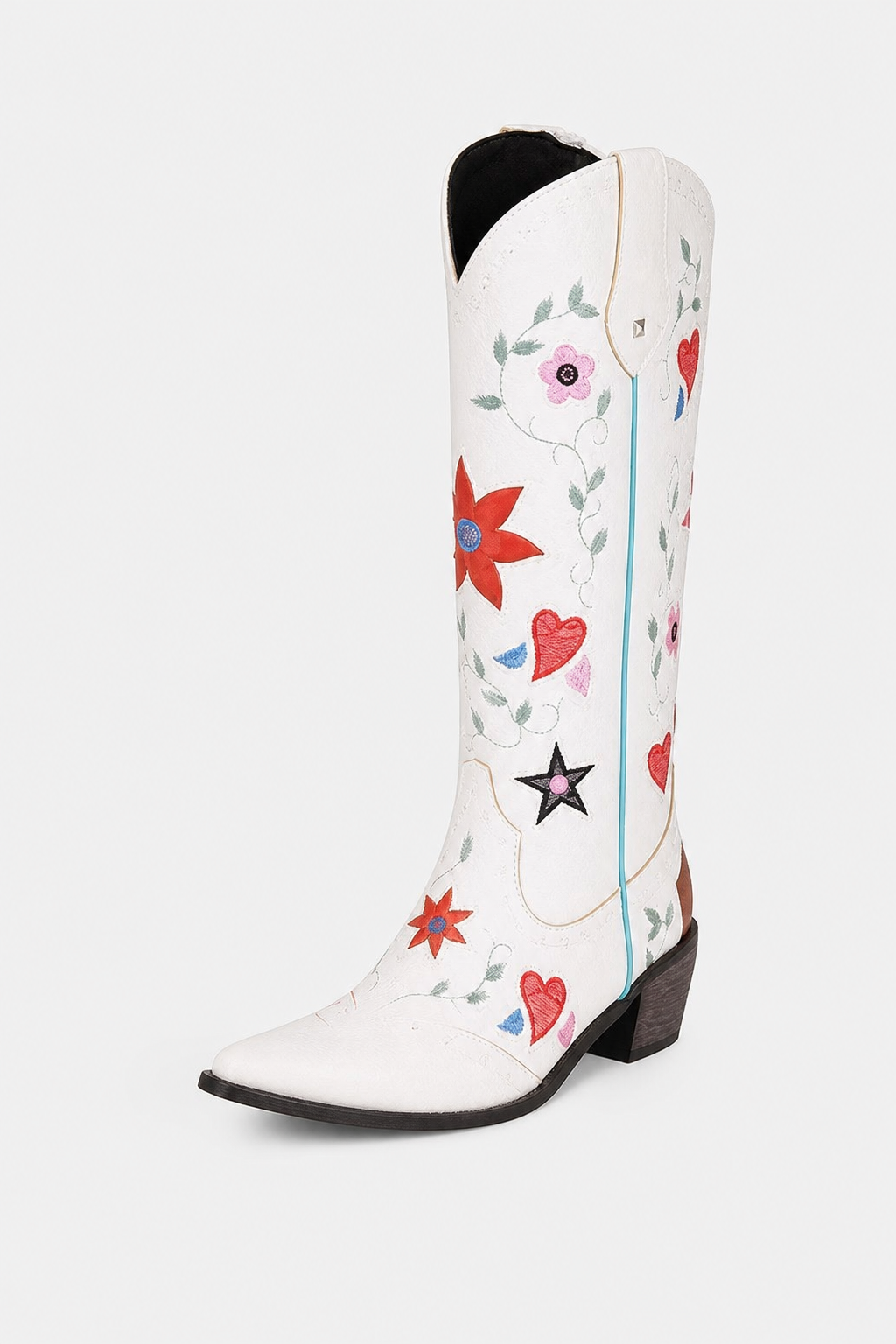Bottes Santiags Blanches Brodées de Fleurs et Cœurs
