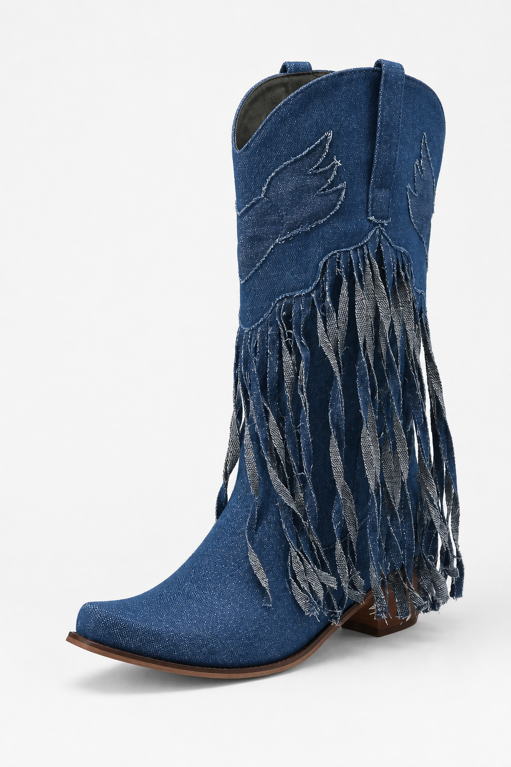 Bottes Country en Denim Bleu à Ailes Brodées et Franges