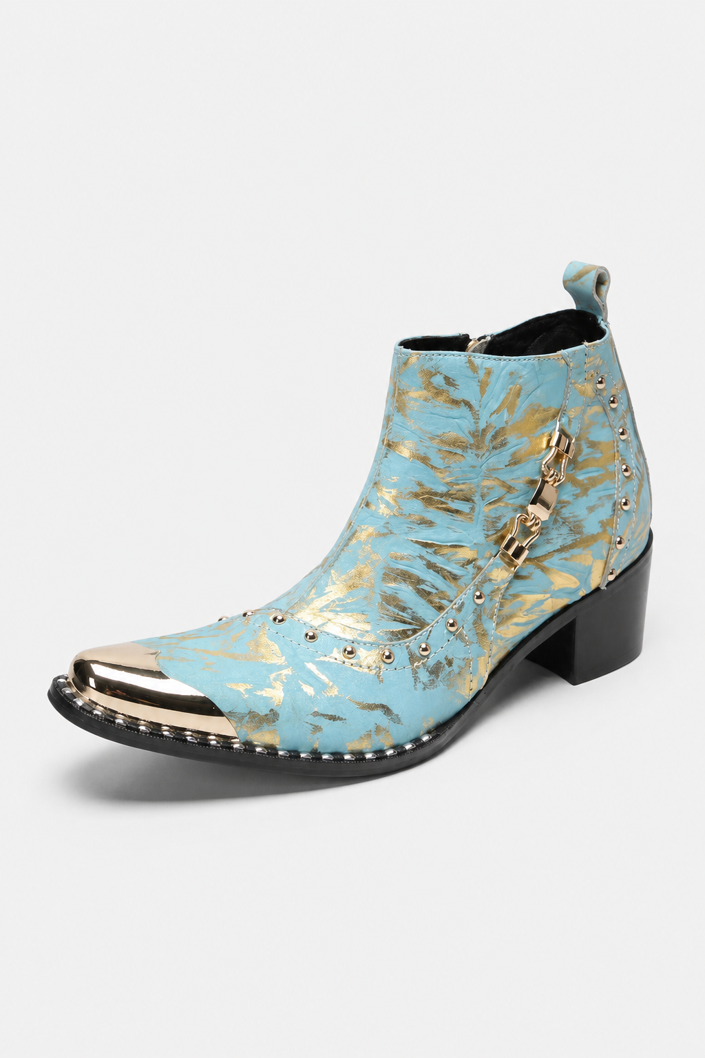 Bottines Homme Bleu Ciel Doré à Bout Métallique et Clous