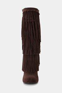 Bottes Hautes en Daim Marron à Franges et Talon