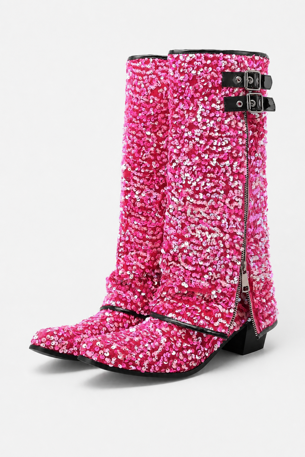 Bottes Santiags Roses Vives à Paillettes et Boucles