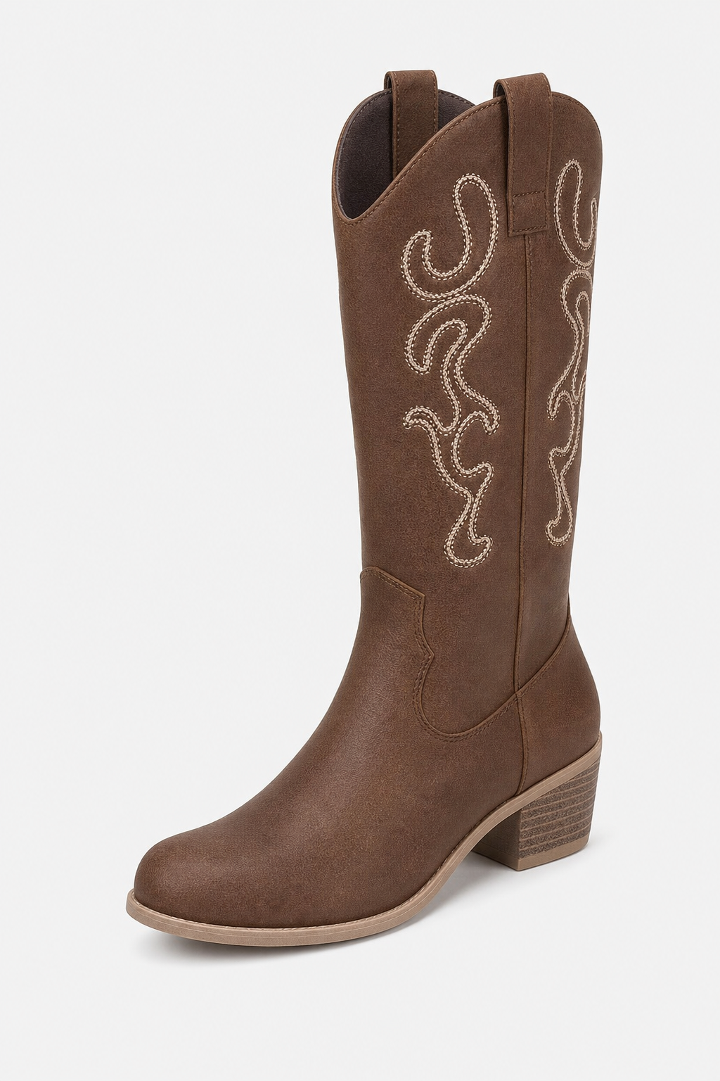 Bottes Santiags Marron à Broderies Blanches Mi-Mollet