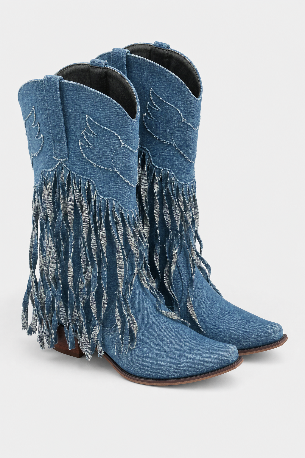 Bottes Santiags en Jean Bleu avec Motifs Ailés et Franges