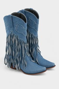 Bottes Santiags en Jean Bleu avec Motifs Ailés et Franges