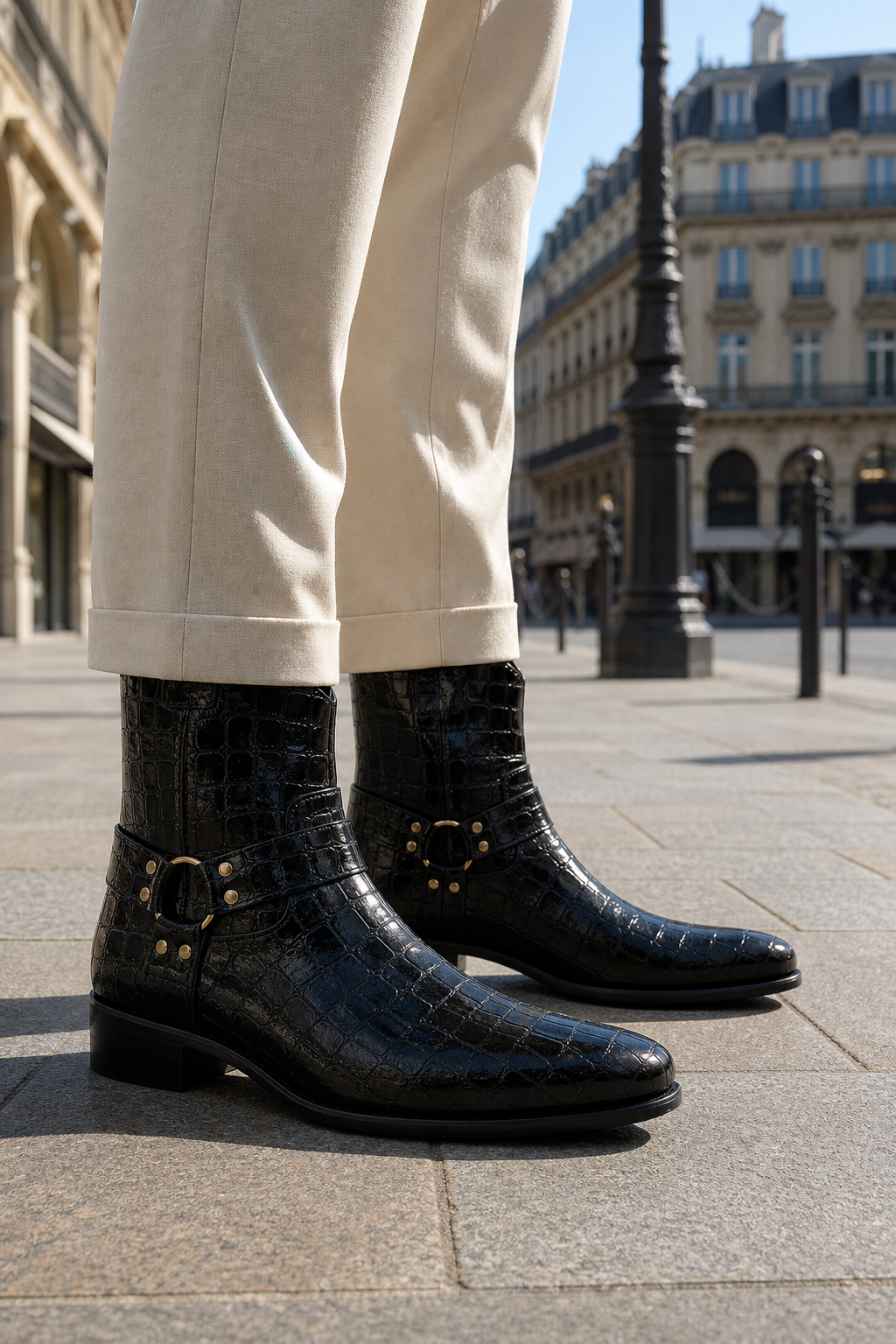 Bottines Homme Noires Façon Croco à Sangle Harnais
