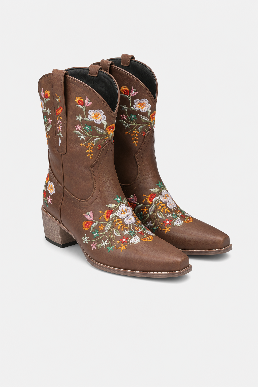 Bottes Santiags en Similicuir Marron à Broderies Florales