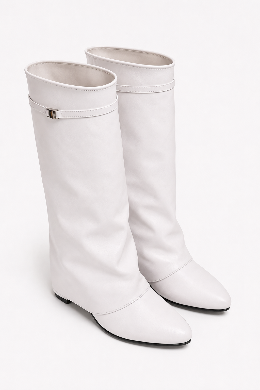 Bottes Montantes en Similicuir Blanc à Effet Plissé